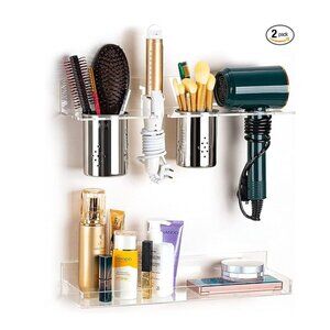 Hair Tool Organizer Wall Mount w/Metal Cups + Make-up Organizer Acrylic 2pc Set